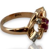 Vintage Retro Era 1940-50s 14kt Solid Rose Gold Cocktail Ring with Lab-Grown Rubies and Diamonds Size 7