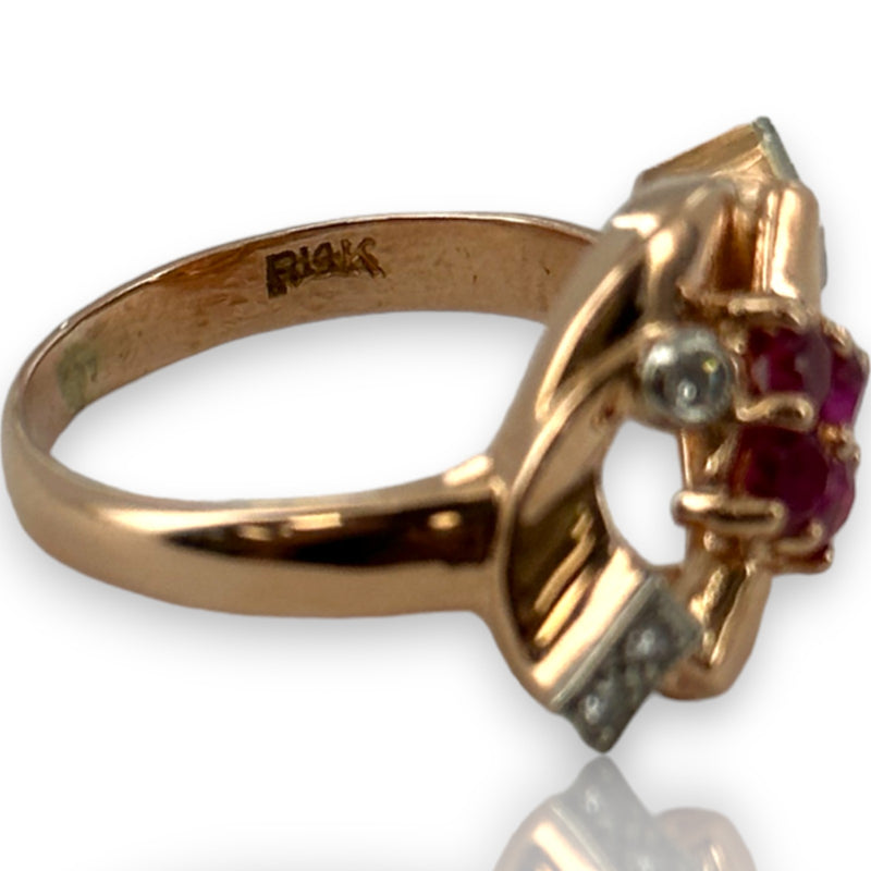 Vintage Retro Era 1940-50s 14kt Solid Rose Gold Cocktail Ring with Lab-Grown Rubies and Diamonds Size 7