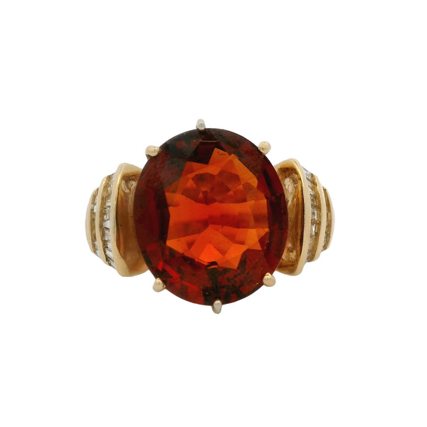 Vintage 1970-80s 14kt Yellow Gold Cocktail Ring with Large Madeira Citrine and Baguette Diamonds Size 7.5