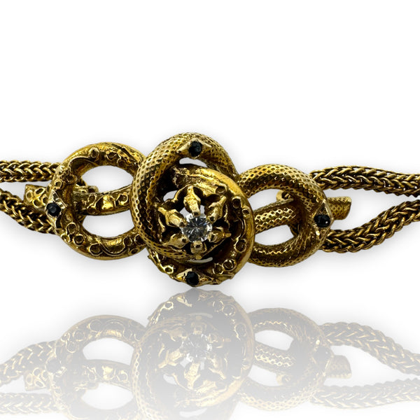 Antique Late Victorian Handmade 14kt Yellow Gold Love Knot/ Snake Bracelet with Center Modern Diamond and Accent Sapphires