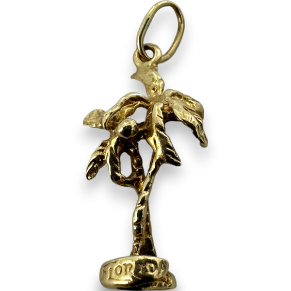 Vintage Florida Palm Trees Beach Travel Charm Pendant Solid 14kt Yellow Gold