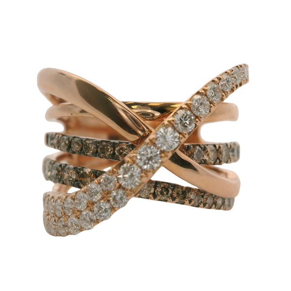 Le Vian 14kt Rose Gold Criss-Cross Overlapping White and Cognac Diamonds Ring