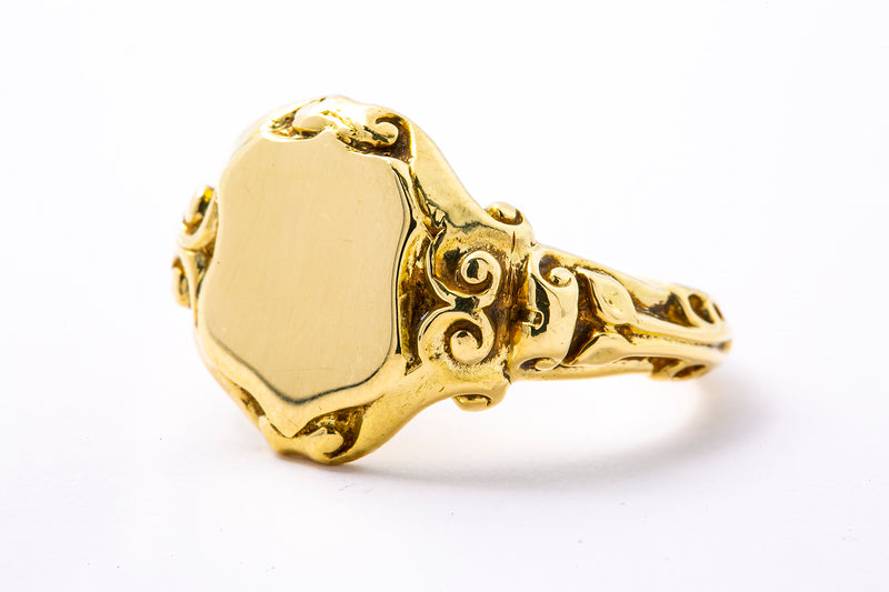 Roman Pedestal Columns Scroll Blank Signet Band 18K 750 Yellow Gold Ring 7 1/2
