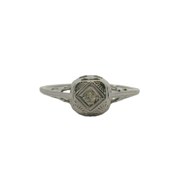 Antique 1920s Art Deco 18kt White Gold and 0.04ct Diamond Solitaire Ring With Geometric Filigree Setting Size 5.25