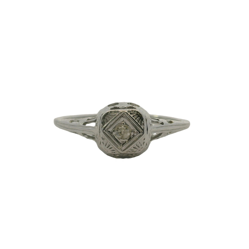 Antique 1920s Art Deco 18kt White Gold and 0.04ct Diamond Solitaire Ring With Geometric Filigree Setting Size 5.25