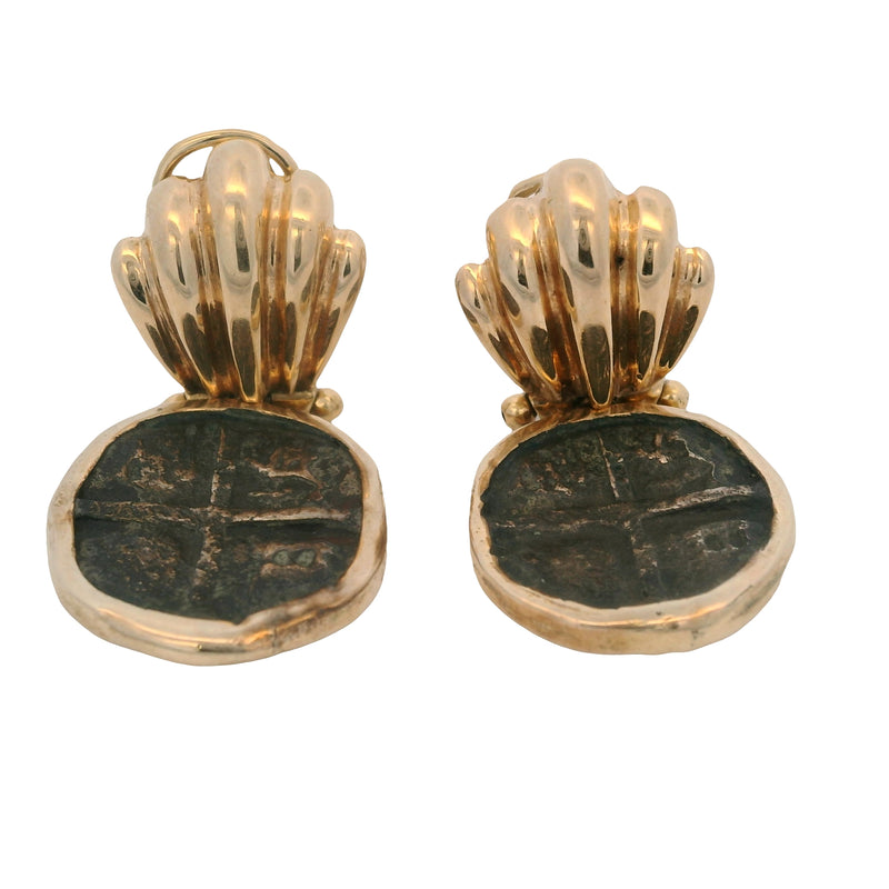1980s Solid 14kt Yellow Gold Bezel-Set Atocha Shipwreck Coin Omega-Back Drop/Dangle Earrings