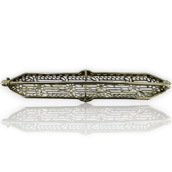 Antique 1920s 14kt White Gold Filigree Bar Brooch Pin with Floral Motif