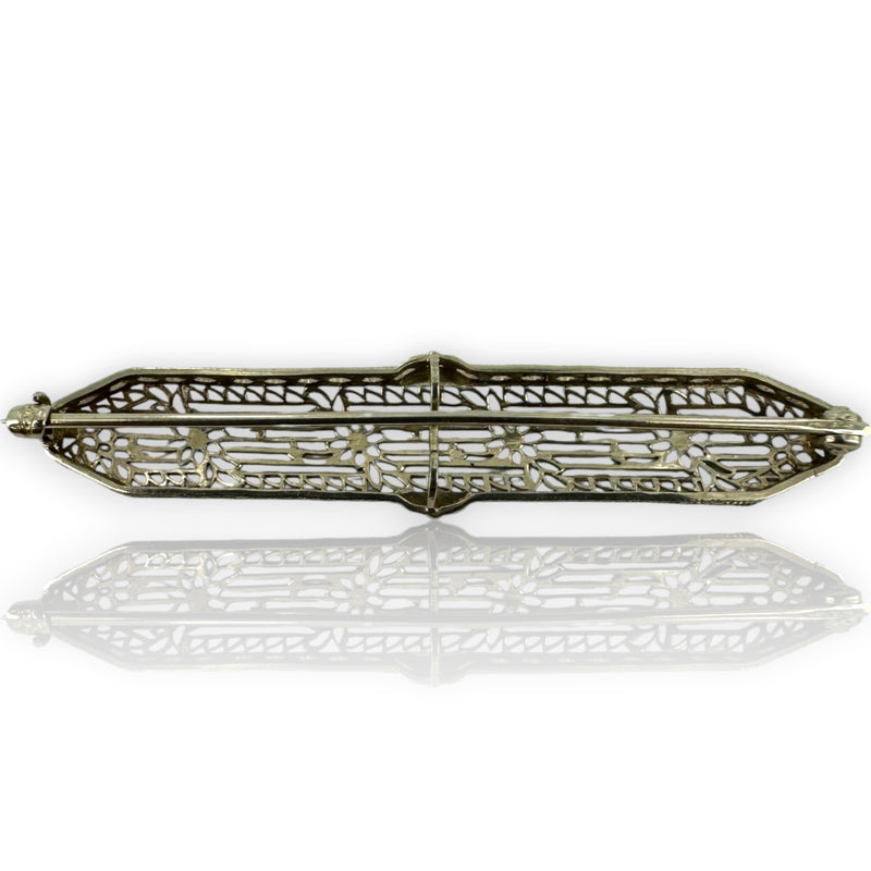 Antique 1920s 14kt White Gold Filigree Bar Brooch Pin with Floral Motif
