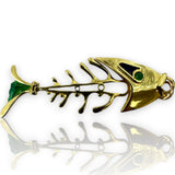 Vintage 1980s Solid 18kt Gold and Enamel Italian Bone Fish Skeleton Pendant with Chrysoprase Eyes Charm