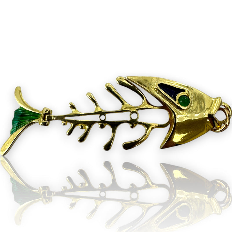 Vintage 1980s Solid 18kt Gold and Enamel Italian Bone Fish Skeleton Pendant with Chrysoprase Eyes Charm