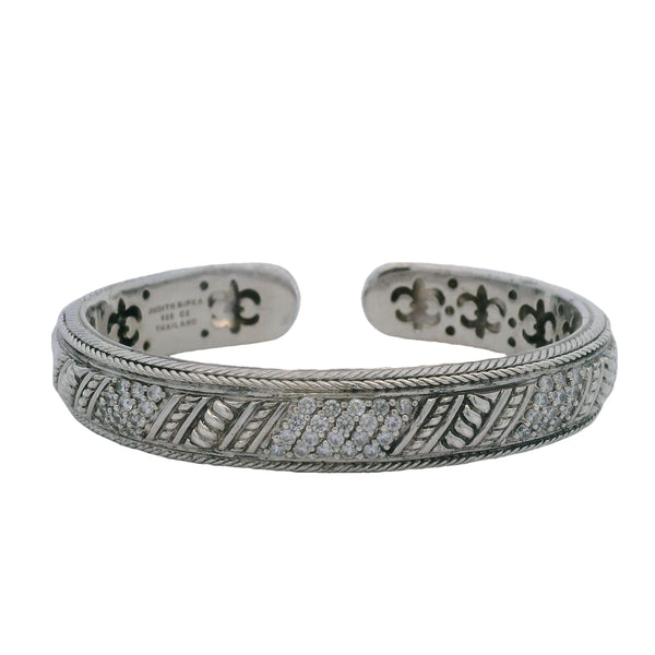 Vintage Judith Ripka 925 Sterling Silver and CZ Hinged Cuff Weave Pattern Bracelet 7"
