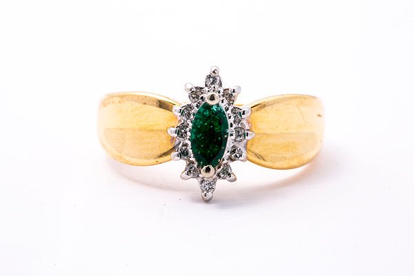 Anillo de oro amarillo y blanco 585 de 14 quilates con halo de diamantes y esmeralda talla marquesa, talla 7 1/2