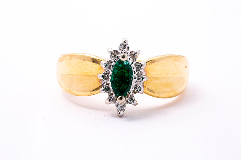Anillo de oro amarillo y blanco 585 de 14 quilates con halo de diamantes y esmeralda talla marquesa, talla 7 1/2
