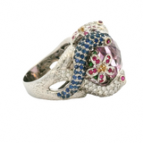 Solid 18kt White Gold Large Snakes and Flowers Cocktail Ring with Pink Glass Center Stone, Diamonds, Sapphires, and Rubies