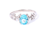 Solid 14kt White Gold Prong-Set Blue Topaz Ring with 4 Diamond Accents Size 10
