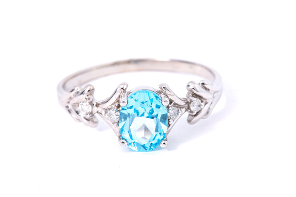 Solid 14kt White Gold Prong-Set Blue Topaz Ring with 4 Diamond Accents Size 10