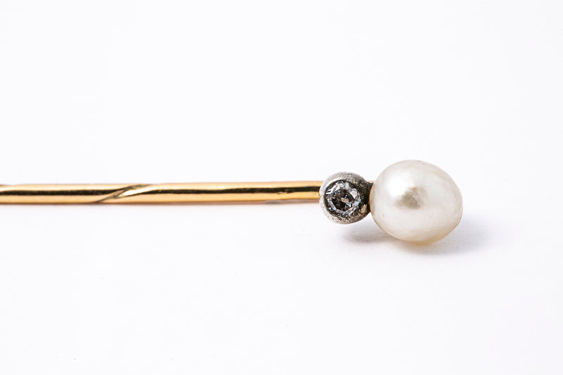 Antique Natural Pearl & Diamond Lapel Pin 14K 585 Yellow & White Gold Brooch