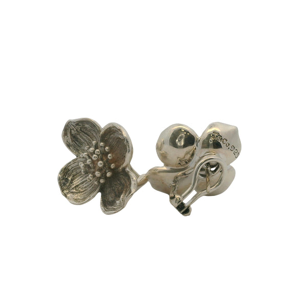 Vintage Tiffany & Co Solid 925 Sterling Silver Dogwood Flower Pierced Omega Back Earrings
