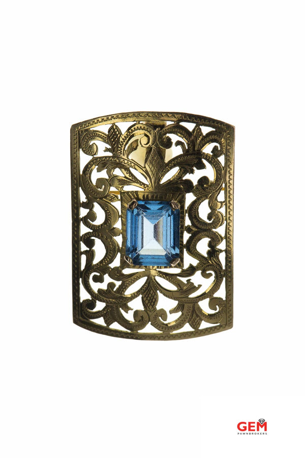 Antique Convertible Charm Blue Topaz Scroll Pierced Filigree 14K 585 Yellow Gold Brooch