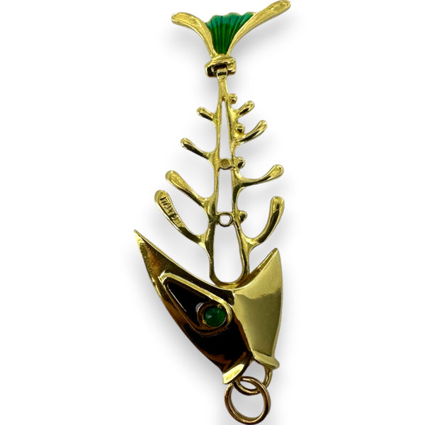 Vintage 1980s Solid 18kt Gold and Enamel Italian Bone Fish Skeleton Pendant with Chrysoprase Eyes Charm