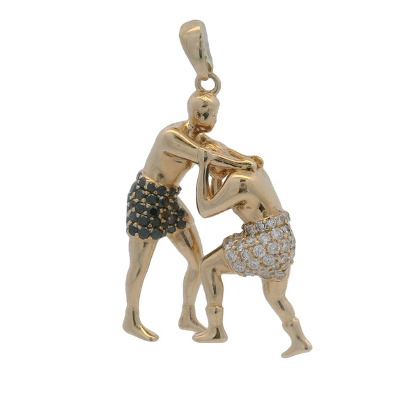 14kt Solid Yellow Gold Brazilian Jiu-Jitsu Boxing Men Black and White CZ Pendant