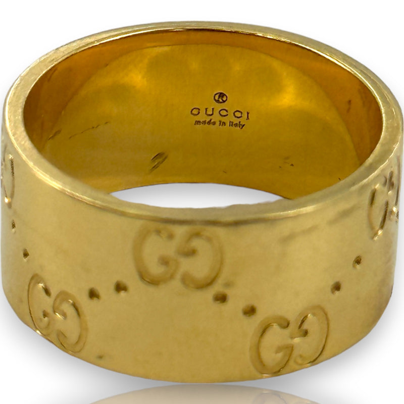 GUCCI Signed Hallmarked Solid 18kt Gold Wide 8.8mm Cigar Band Logo Ring Size 6