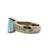 Vintage Solid 18kt White Gold Emerald Cut 2.64ct Blue Topaz and Diamond Cocktail Ring Size 6