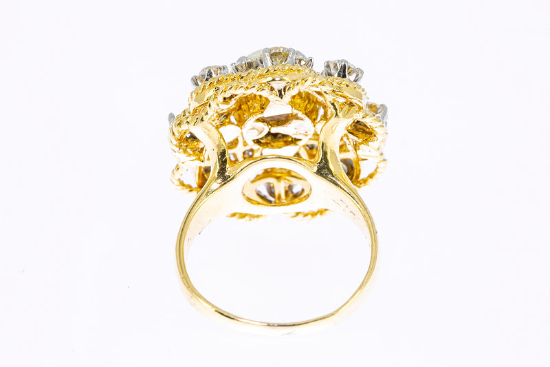 Vintage 1960-80s Opal & Diamond Cluster Rope Accent 14K 585 Yellow Gold Cocktail Ring Size 3 3/4