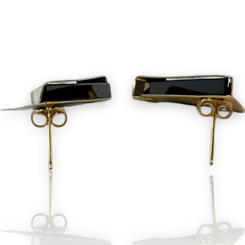 Vintage Solid 14kt Yellow Gold and Onyx 1.3" Long Abstract Triangle Stud Earrings