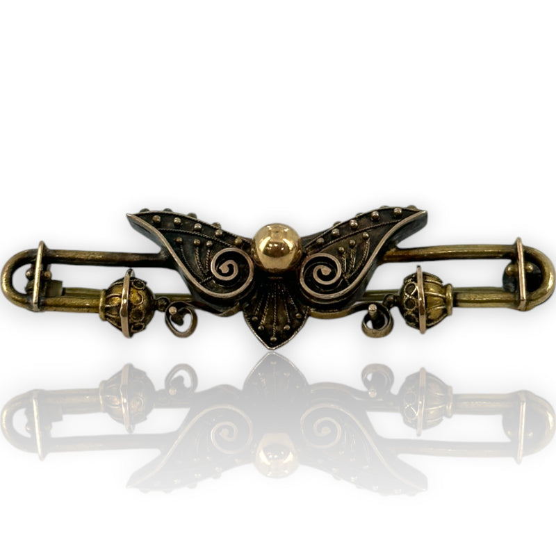 Antique Late Victorian Handmade 14kt Yellow Gold Brooch with Cannetille and Scrollwork