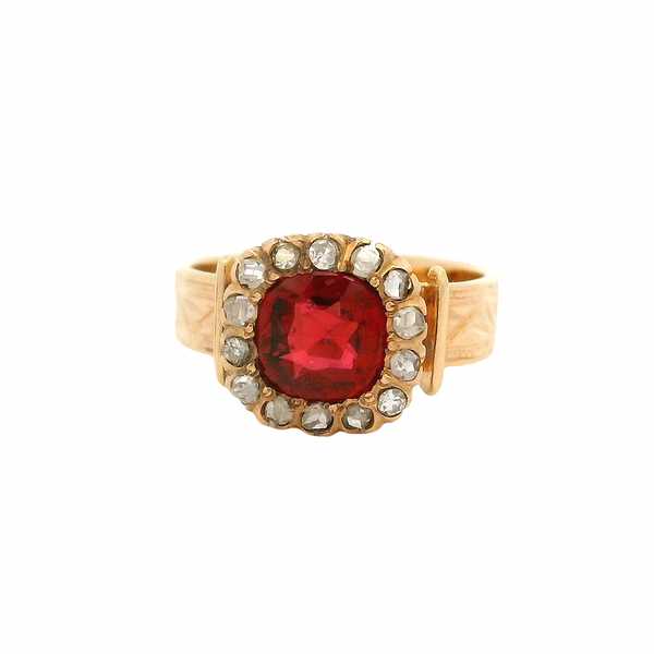 Antique Early 1900s Solid 14kt Yellow Gold and Vivid Red Garnet Ring with Rose Cut Diamond Halo Size 4.5