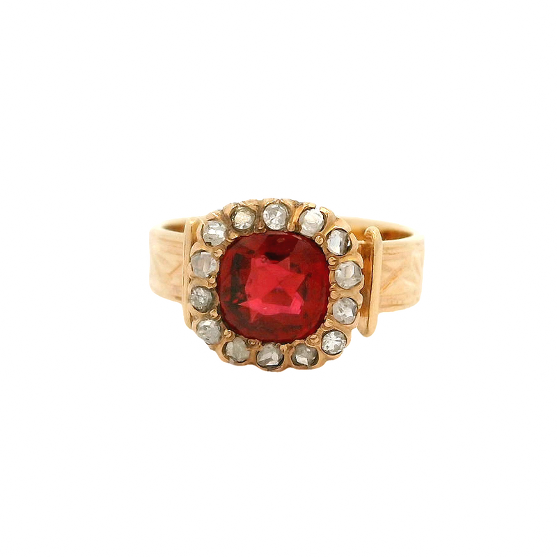 Antique Early 1900s Solid 14kt Yellow Gold and Vivid Red Garnet Ring with Rose Cut Diamond Halo Size 4.5
