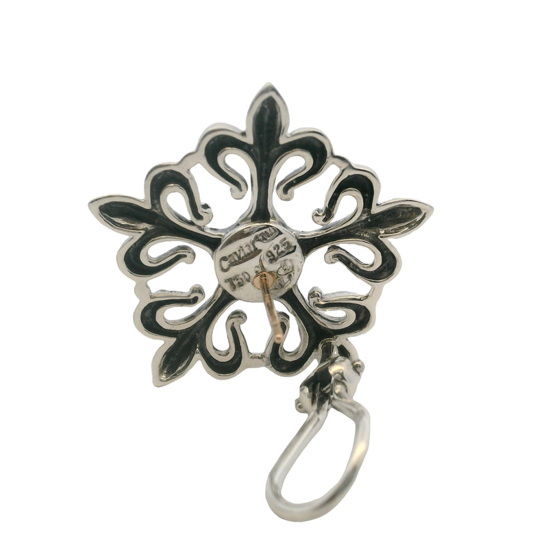 Vintage Lagos Caviar 925 Sterling Silver and 18kt Yellow Gold Fleur De Lis Omega-Back Earrings
