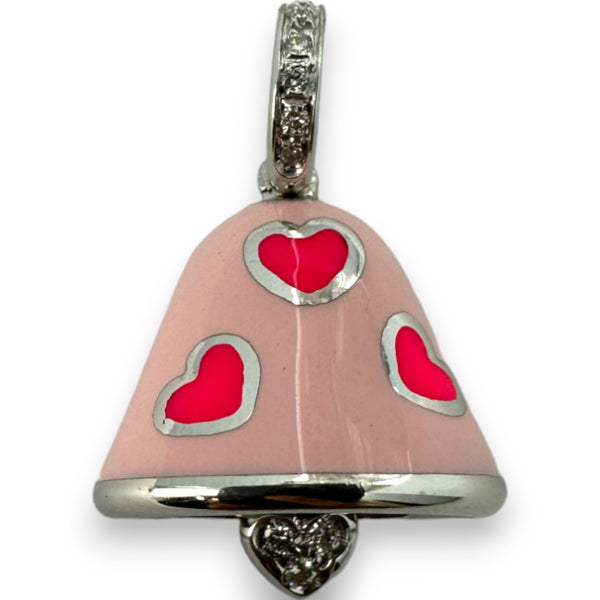 Aaron Basha 18k White Gold Diamond and Pink Enamel Bell Charm Pendant Made in Italy