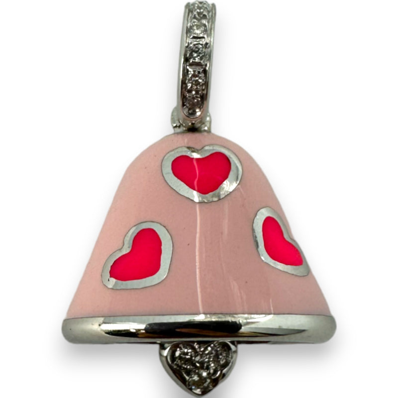 Aaron Basha 18k White Gold Diamond and Pink Enamel Bell Charm Pendant Made in Italy