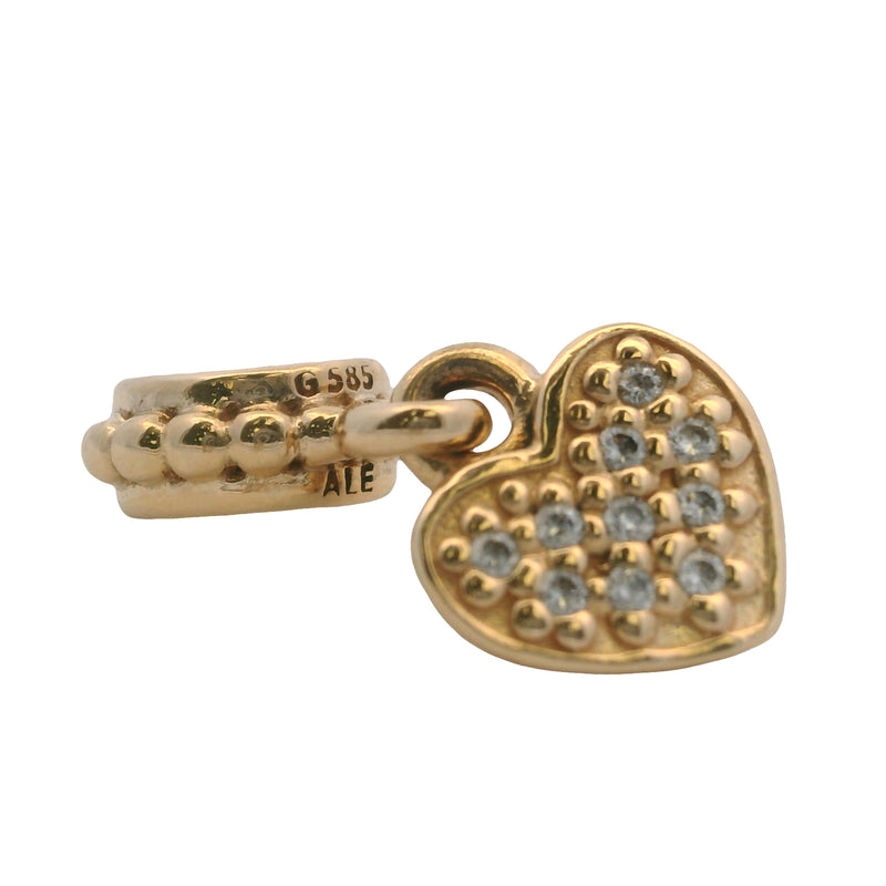 Pandora Retired Solid 14kt Yellow Gold and Diamond Pave Brilliant Heart Dangle Charm (2)