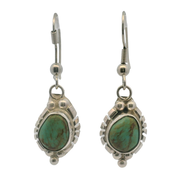 John Delvin Navajo Native American 925 Sterling Silver and Natural Green Turquoise Drop/Dangle Earrings