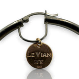 LeVian 14kt Black Gold 2-Inch Diameter Snap Closure Hoop Earrings with Rose Gold Logo Dangle Accent