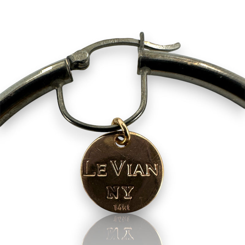 LeVian 14kt Black Gold 2-Inch Diameter Snap Closure Hoop Earrings with Rose Gold Logo Dangle Accent