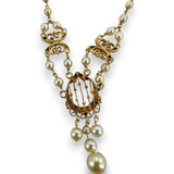 Vintage 1930s-50s Victorian Revival 14kt Solid Yellow Gold Delicate Pearl Station Necklace with Gold Openwork, Blue Enamel, and Pearl Drop Center