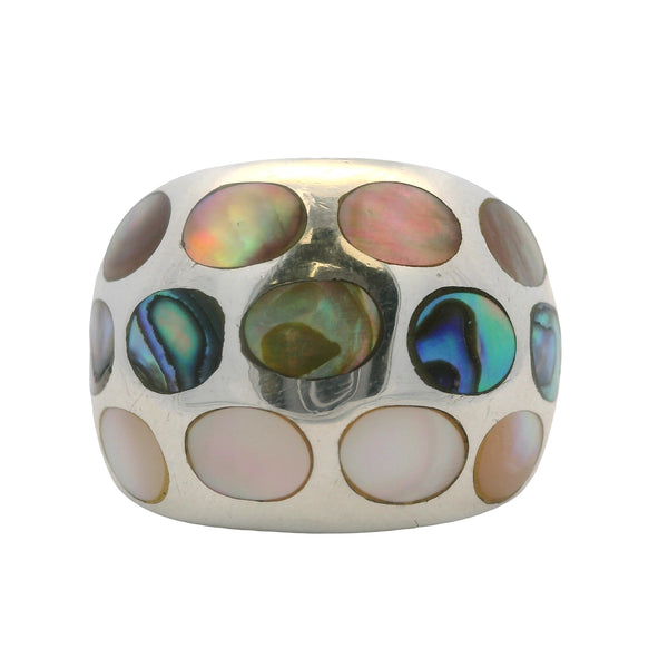 925 Sterling Silver Dome Ring with Inlaid Mother of Pearl and Abalone Shell Size 7 Made in Thailand