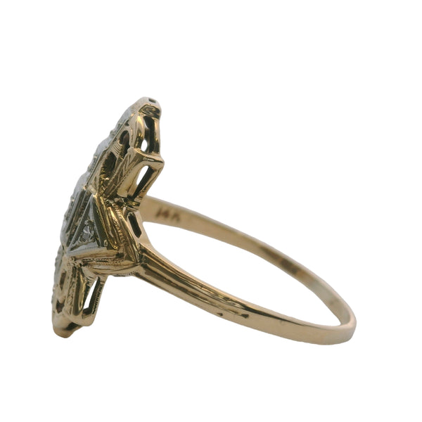 Vintage 1930-40s Late Deco 14kt Yellow Gold Geometric Diamond Dinner Ring Size 8.5