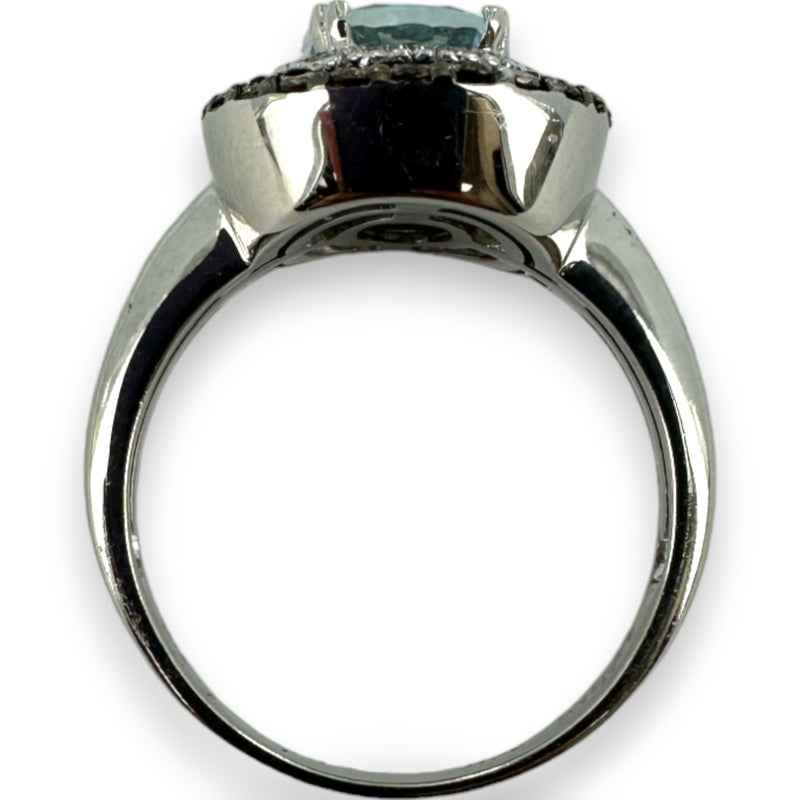LeVian 14kt Solid White Gold and Sea Blue Aquamarine Ring with Double Halo of Champagne and White Vanilla Diamonds Size 7.5