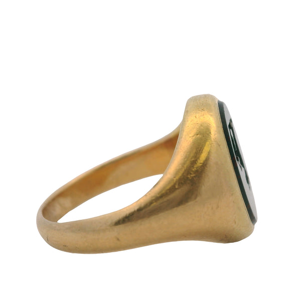 Antique Victorian Solid 18kt Yellow Gold and Bloodstone Engraved Ran Emblem Signet Wax Seal Ring Size 5.75