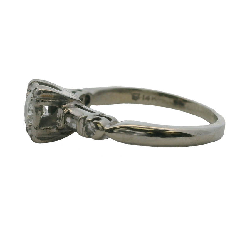 Vintage 1940-50s 14kt White Gold Diamond Solitaire Ring with Baguette Diamond Accents Size 5.5