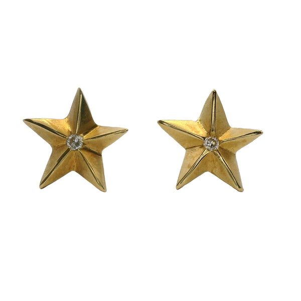 Solid 18kt Yellow Gold and Diamond 9mm Star Stud Earrings
