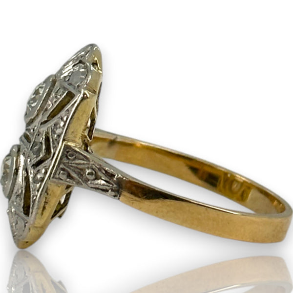 Antique 1900-1920 18kt Yellow and White Gold 2-Stone Old Mine Cut Diamond Dinner Ring with Diamond Chip Accents Size 6.5