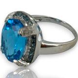 QCD Large Oval Blue Topaz & Diamond Halo Accent 14K 585 White Gold Ring Size 9