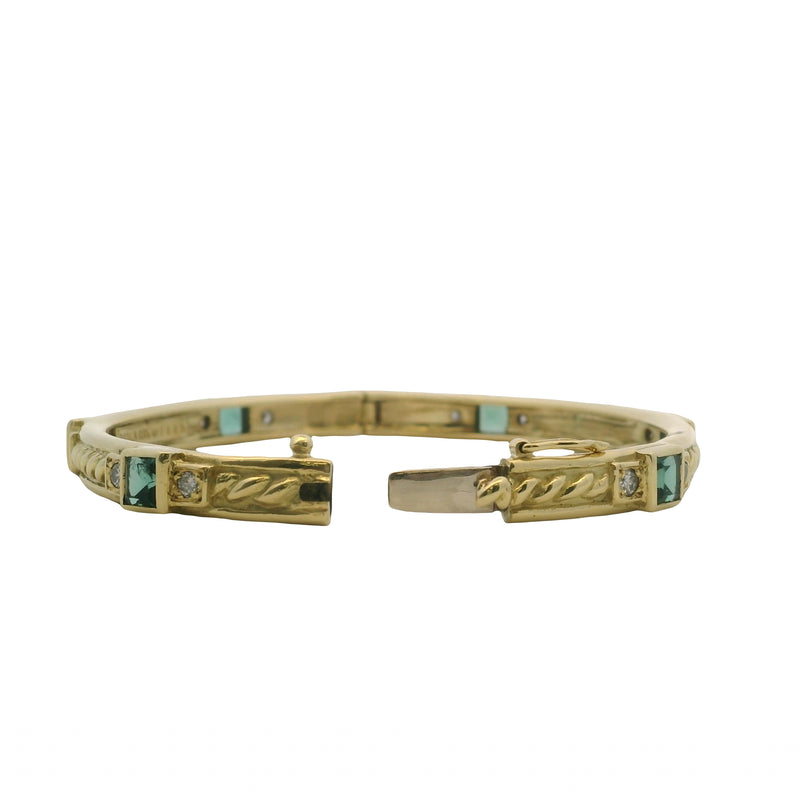 Vintage 1994 Judith Ripka 18kt Yellow Gold Green Tourmaline and Diamond Hinged Bangle 7"