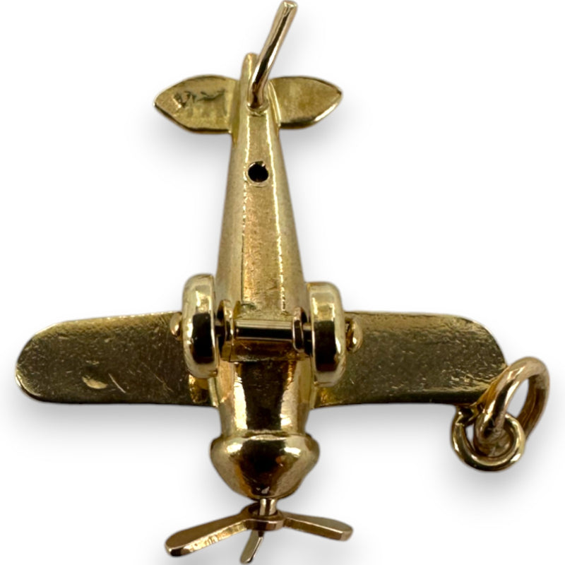 Vintage 14kt Solid Yellow Gold Moving Airplane Travel Dangle Charm for Necklace or Bracelet